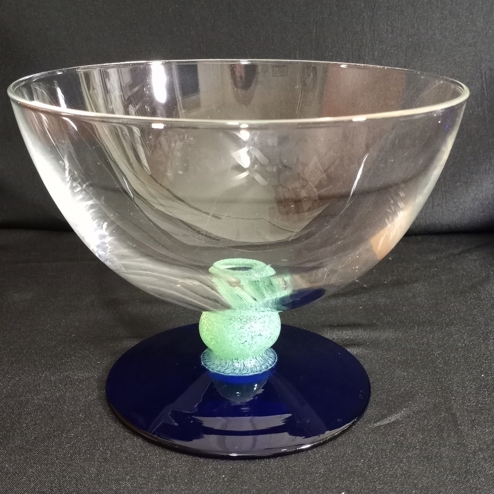 Hand Blown Pedestal Bowl with Cobalt Blue Base Light Green Center